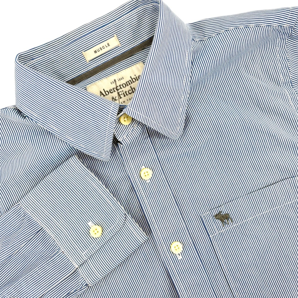 Abercrombie Fitch Mens Blue White Stripe Muscle Fit Button‎ Up Shirt Size M